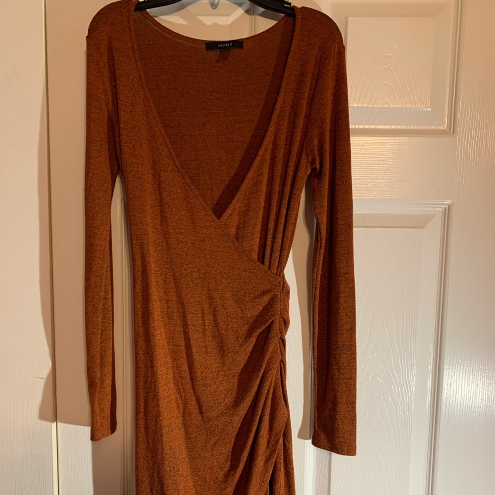 Burnt orange wrap dress.